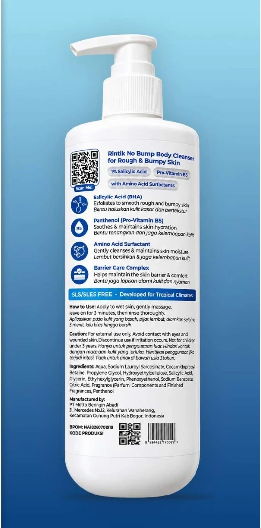 Label belakang botol No Bump Body Cleanser dengan instruksi penggunaan